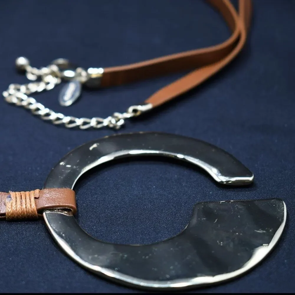 Chico’s Leather Necklace Large Gold C Pendant Adjustable 36” Modern Statement
